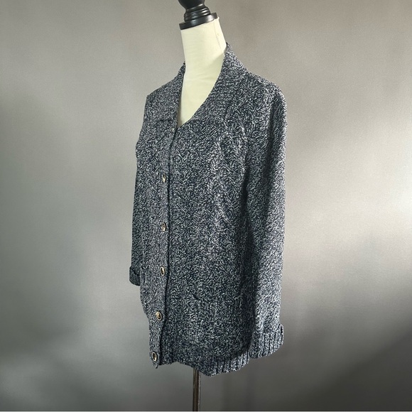 Vermont Country Store Wool Blend Cable Knit Marbled Navy Blue Cardigan Size L - Picture 7 of 12